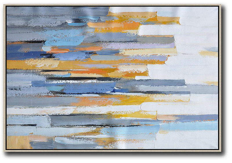 Canvas Wall Paintings,Oversized Horizontal Contemporary Art,Modern Painting Abstract White,Grey,Blue,Yellow